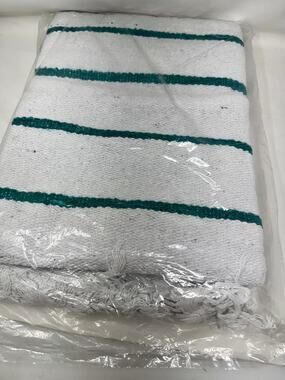 New: Sundream Throw Blanket - Sealed Plastic Bag - White Blanket / Teal Stripes